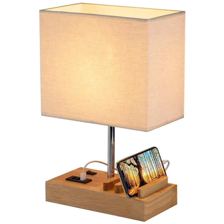 Lampu Meja Hotel Kayu Dasar Port Pengisian USB Modern