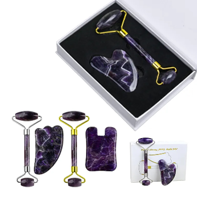 Natural Amethyst Jade Roller dan Gua Sha Facial Massager Set